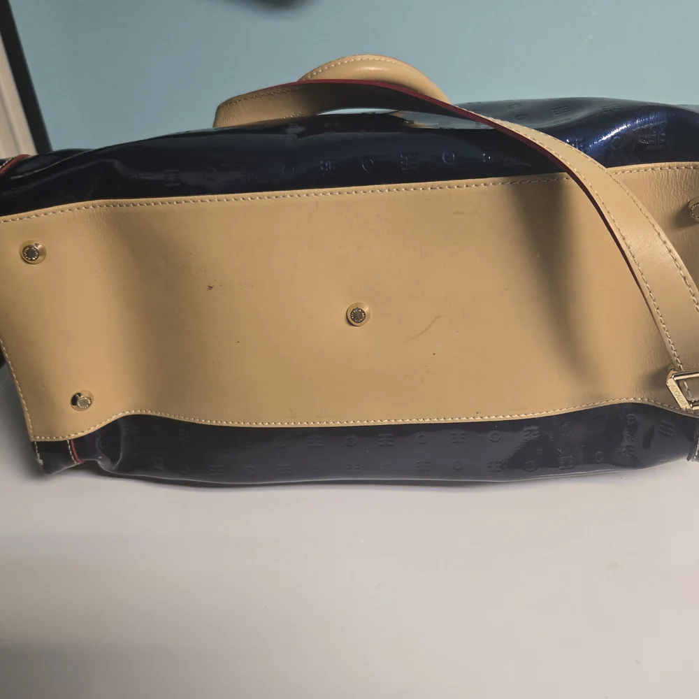 Patent Leather Tote Bag in Navy with Tan Accents
